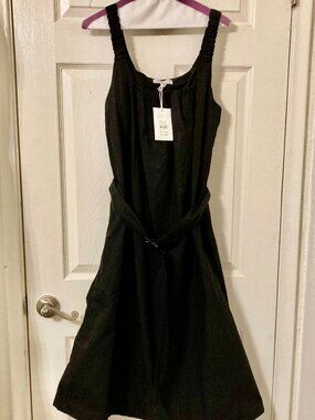 NWT, SZ M (8-10) 100% COTTON, Belted Midi Sundress, Black